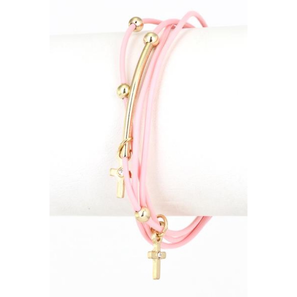 Boutique Layered Beaded Cross Bracelet {Pink/Gold}